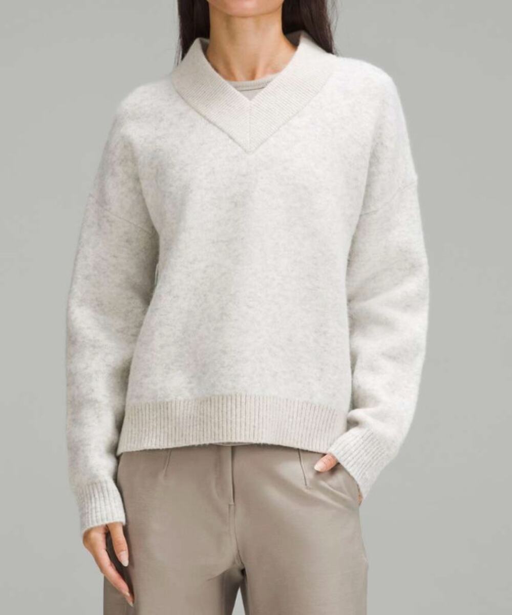 Lululemon S Alpaca Wool-Blend V-Neck Sweater Heathered Light Grey